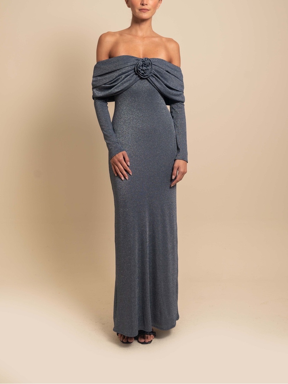 Azulu Shimmery Off-Shoulder Navy Blue Maxi Dress